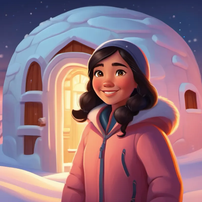 Inuit girl with dark hair, bright eyes, and a warm smile, igloo building, feeling warm, rosy cheeks