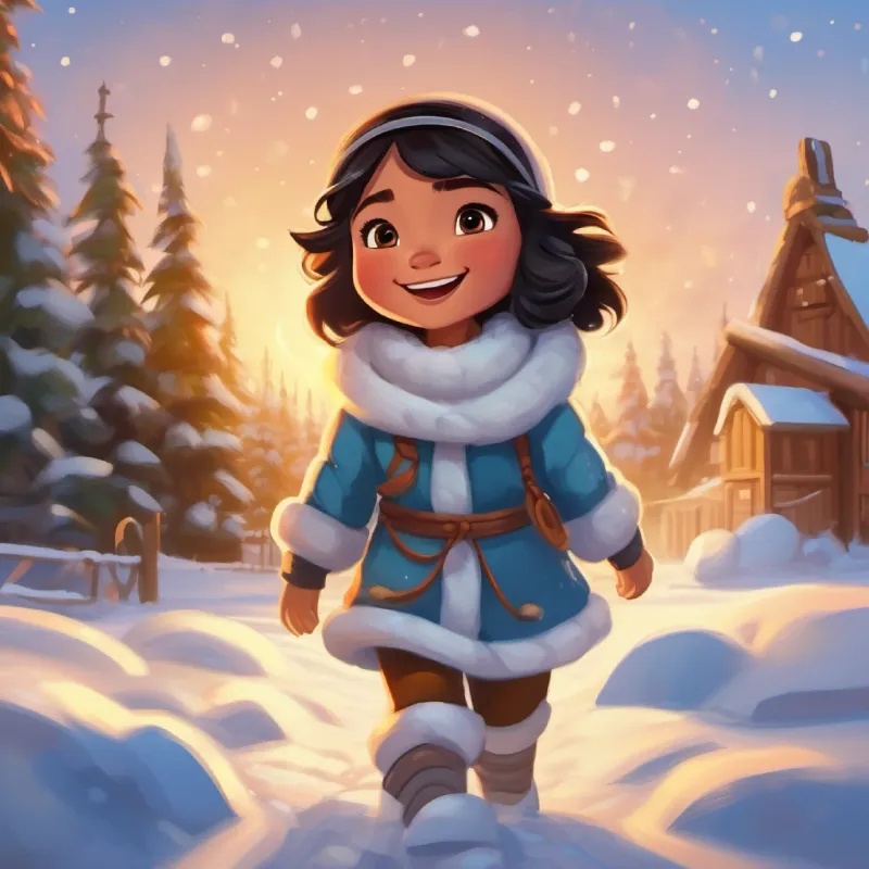 Igloo finished, celebration, dance in the snow, Inuit girl with dark hair, bright eyes, and a warm smile