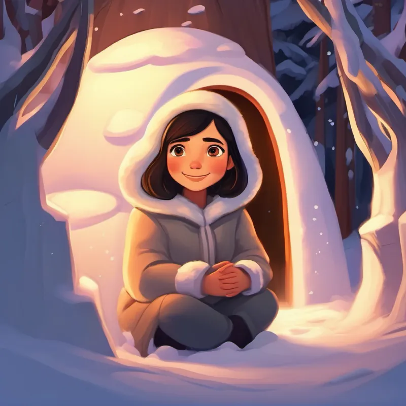 Cozy igloo, snuggling, feeling proud, Inuit girl with dark hair, bright eyes, and a warm smile