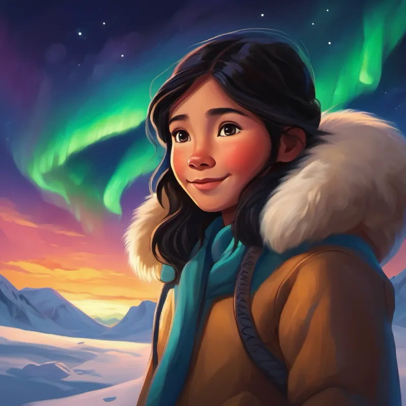 Northern Lights, dreaming, Inuit girl with dark hair, bright eyes, and a warm smile, Arctic, adventure
