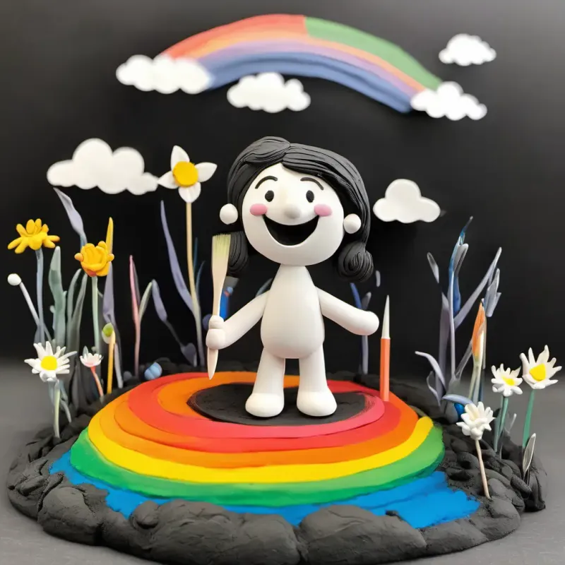 Lily standing in a field with her paintbrush, black and white world around her, a big smile on her face, and a rainbow forming in the sky