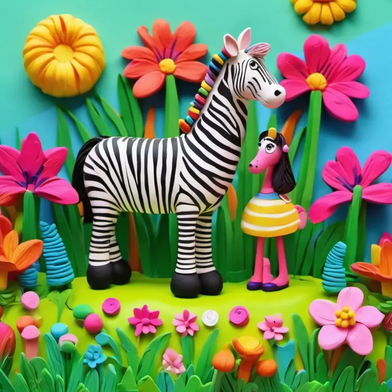 Lily and the zebra in the meadow, zebra looking sad, Lily painting colorful stripes with the magic brush