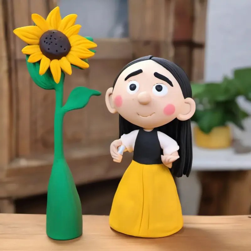 Lily with the magic paintbrush, sunflower turning black, Lily frowning and looking worried