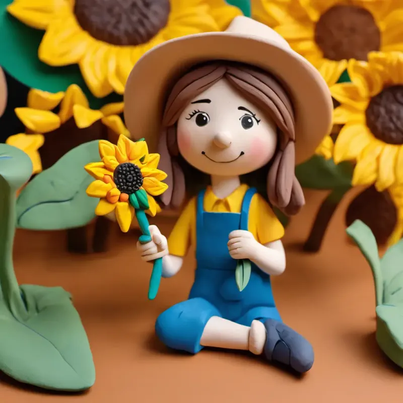 Lily sitting with the sunflower, paintbrush in hand, looking determined and thoughtful