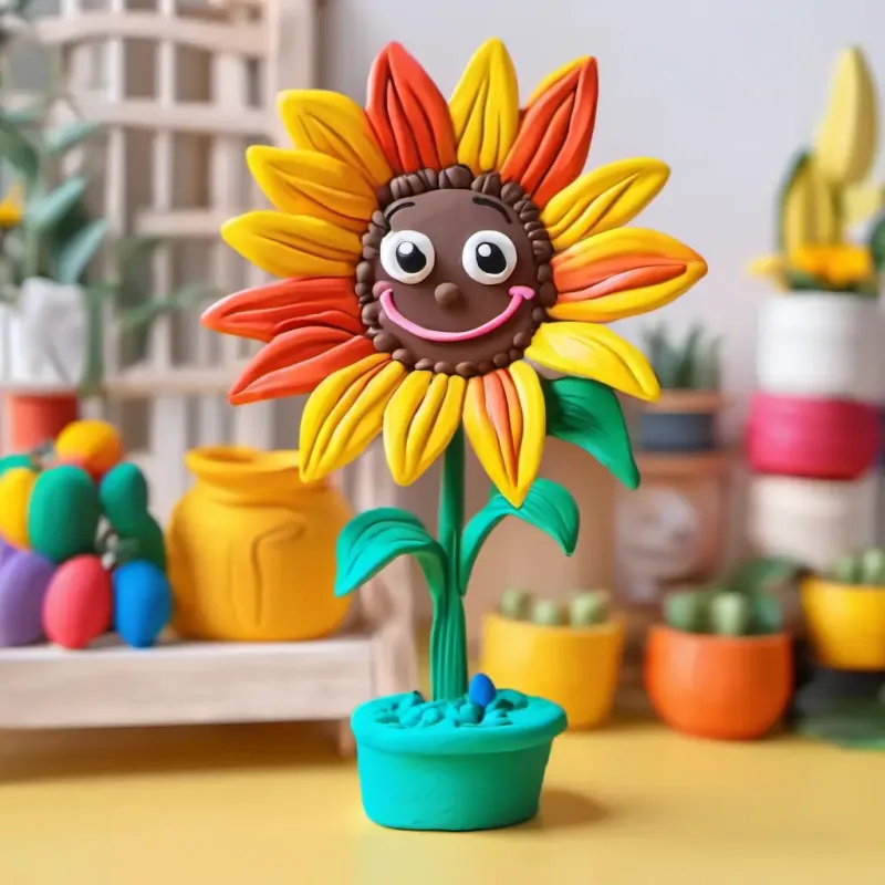 Lily painting the sunflower with bright colors, sunflower standing tall and smiling happily
