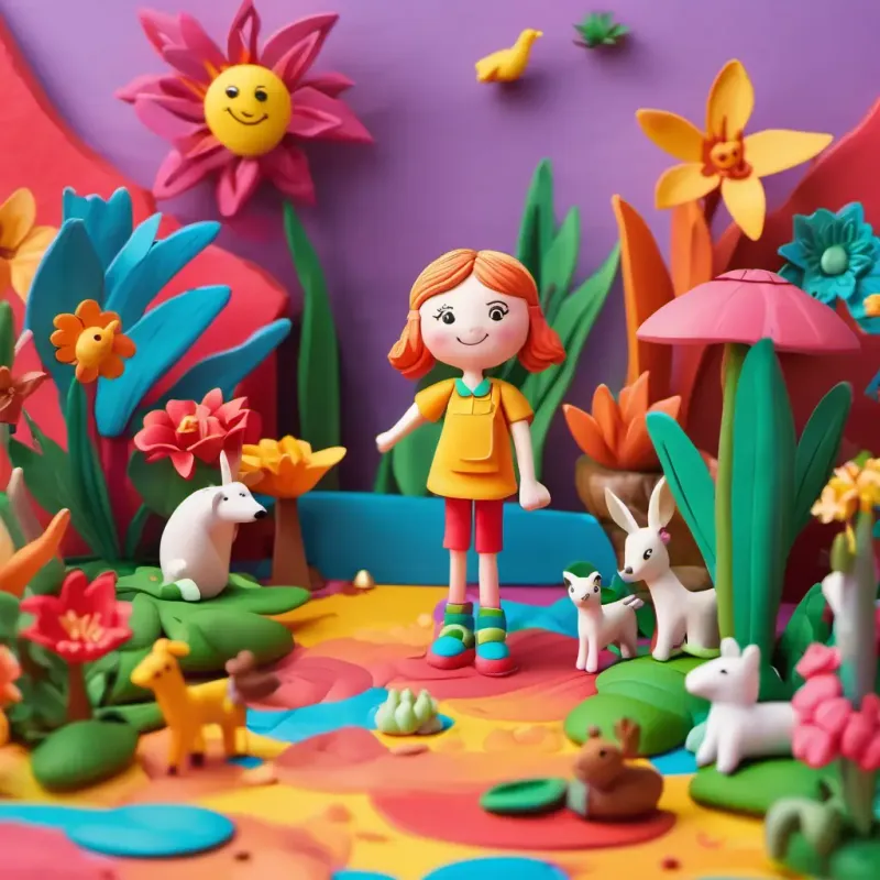 Lily standing in a colorful world, surrounded by happy animals and plants, smiling brightly