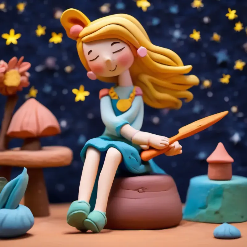 Lily sitting under the stars, hugging her paintbrush, a content smile on her face