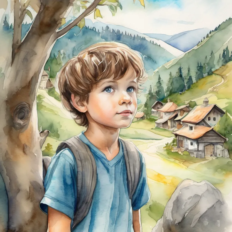 The village nestled between hills. Young boy with brown hair and curious blue eyes exploring the forest and finding the glowing marble.