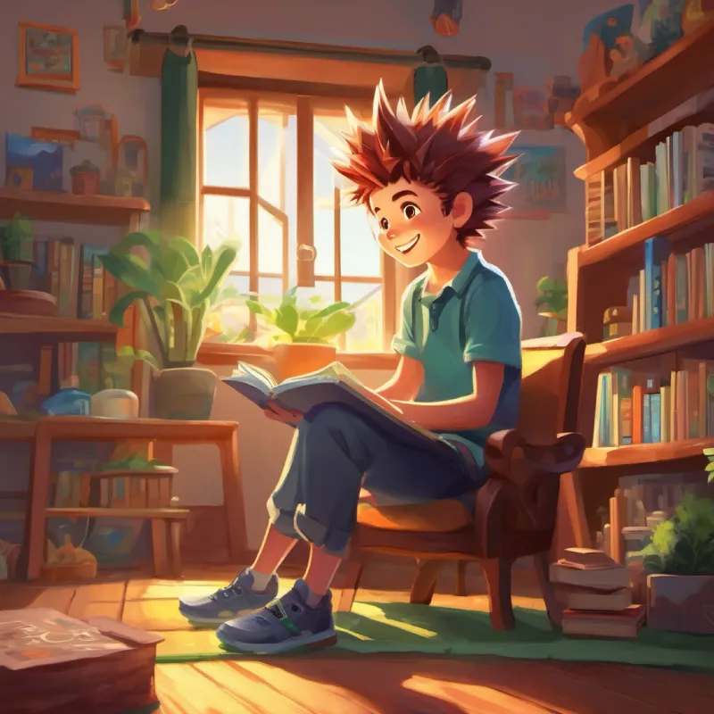 Introduction to A spiky-haired, bright-smiled boy with love for games and his favorite game, indoors, cheerful setting
