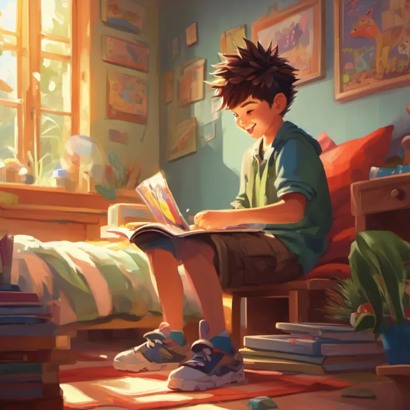 A spiky-haired, bright-smiled boy with love for games playing his game, his room, post-school routine