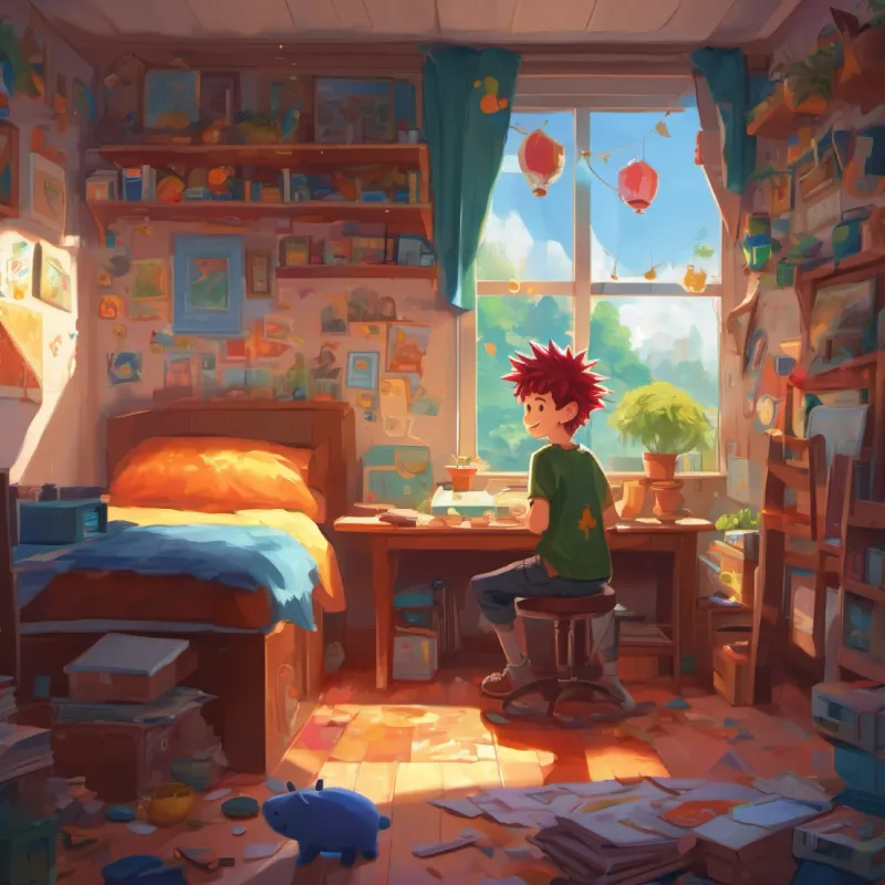 A spiky-haired, bright-smiled boy with love for games's growing obsession, his room's mess, neglecting other activities