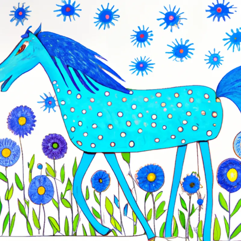 A whimsical blue horse with a bright and cheerful personality., a blue horse, walks through a meadow dotted with vibrant flowers.