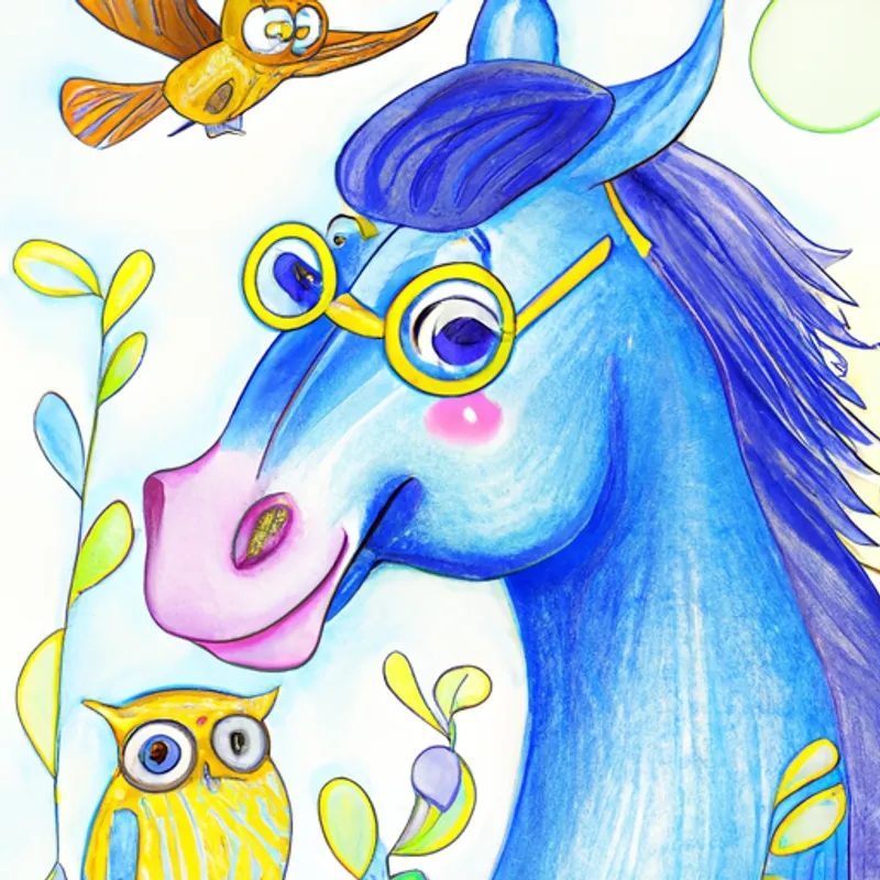 A whimsical blue horse with a bright and cheerful personality. meets an owl wearing a spectacles. Other animals are enchanted by Blueberry's blue color.