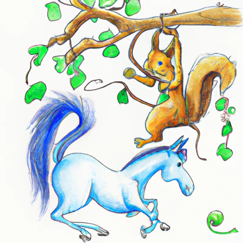 A whimsical blue horse with a bright and cheerful personality. and A mischievous squirrel with a playful nature. the squirrel swing from vines with laughter.