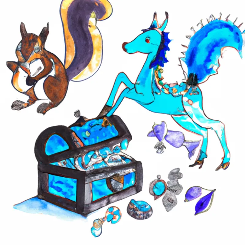 A whimsical blue horse with a bright and cheerful personality. and A mischievous squirrel with a playful nature. discover a treasure chest full of gems and jewels.