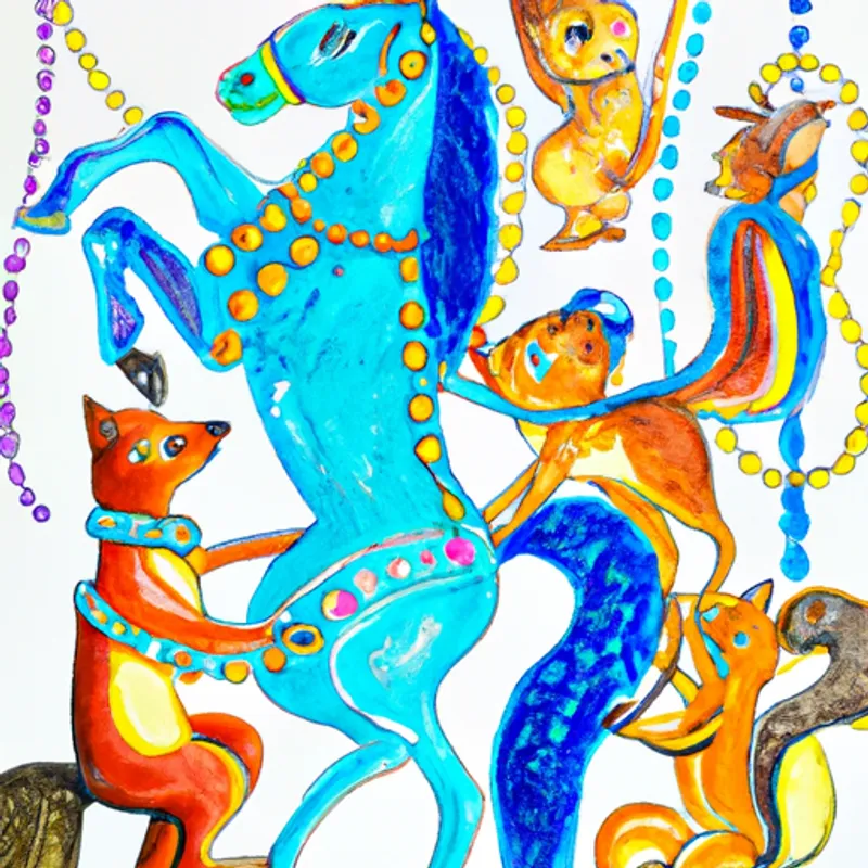 Animals wearing jewels dance with joy around A whimsical blue horse with a bright and cheerful personality. and A mischievous squirrel with a playful nature..