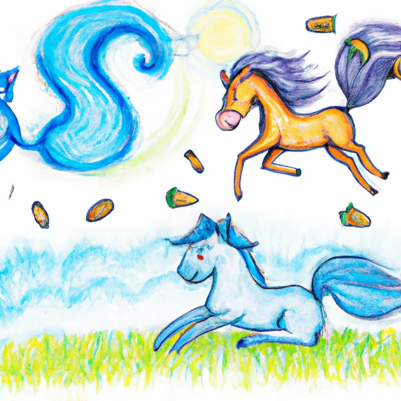 A whimsical blue horse with a bright and cheerful personality. and A mischievous squirrel with a playful nature. wave goodbye to their animal friends as they head back to the meadows.