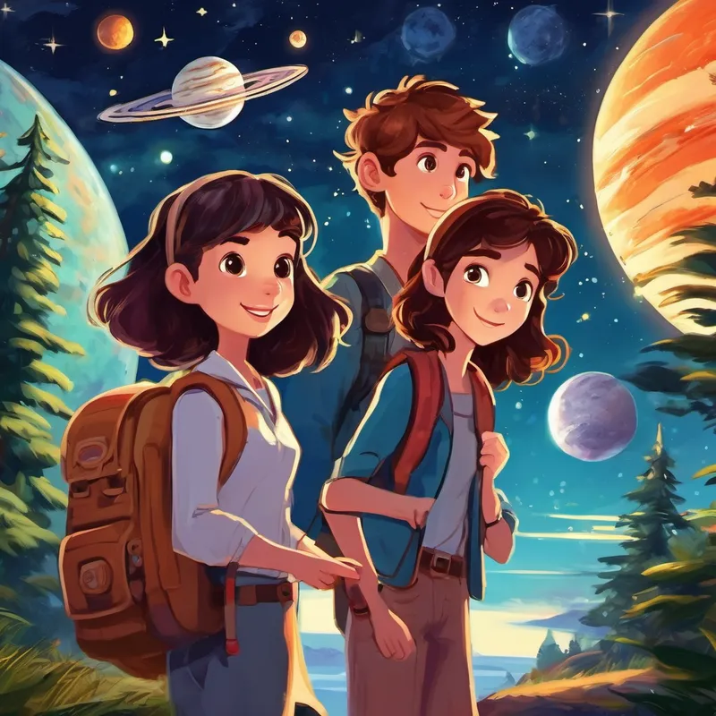 Once upon a time, in the not-so-distant future, there were four best friends named Lily, Max, Mia, and Jake. These friends had an extraordinary secret - they could travel to different planets and go on amazing adventures together! One magical night, as the stars twinkled brightly above their small town, the friends met at their secret hideout. Lily, the brave and curious one, held up a small device that shimmered with a mysterious light. "Guys, I found this strange map that can take us to different planets! Who's up for an adventure?"