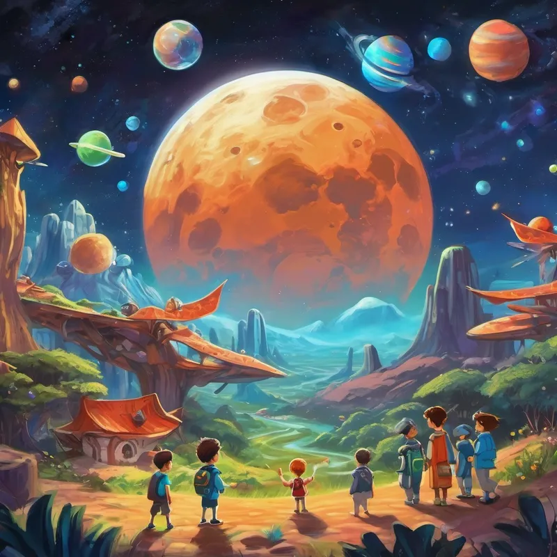 Each planet they visited had its own unique qualities, and the friends met all sorts of creatures. On the Music Planet, they danced and sang with the cheerful Harmonians, who taught them the importance of sharing joy with others. The friends also explored the Technology Planet, where they discovered robotic friends named Cybo who taught them the value of helping others in need. However, not every planet they visited was as welcoming. On the planet of Shadows, they encountered the Moroks, mischievous creatures who caused trouble wherever they went. The friends quickly learned that not everyone could be trusted, and that true friends stick together through thick and thin.