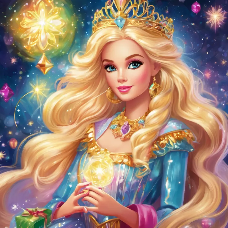 In this enchanted world, Barbie blond hair  discovered that she was chosen to be the "Dreamweaver," a special guardian responsible for bringing joy and magic to the realm. She was given a magical wand adorned with sparkling gems that granted her the power to create beauty and happiness wherever she went.