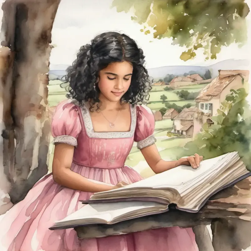 Curly black hair, brown eyes, pink dress in a village finding old family book, simple setting