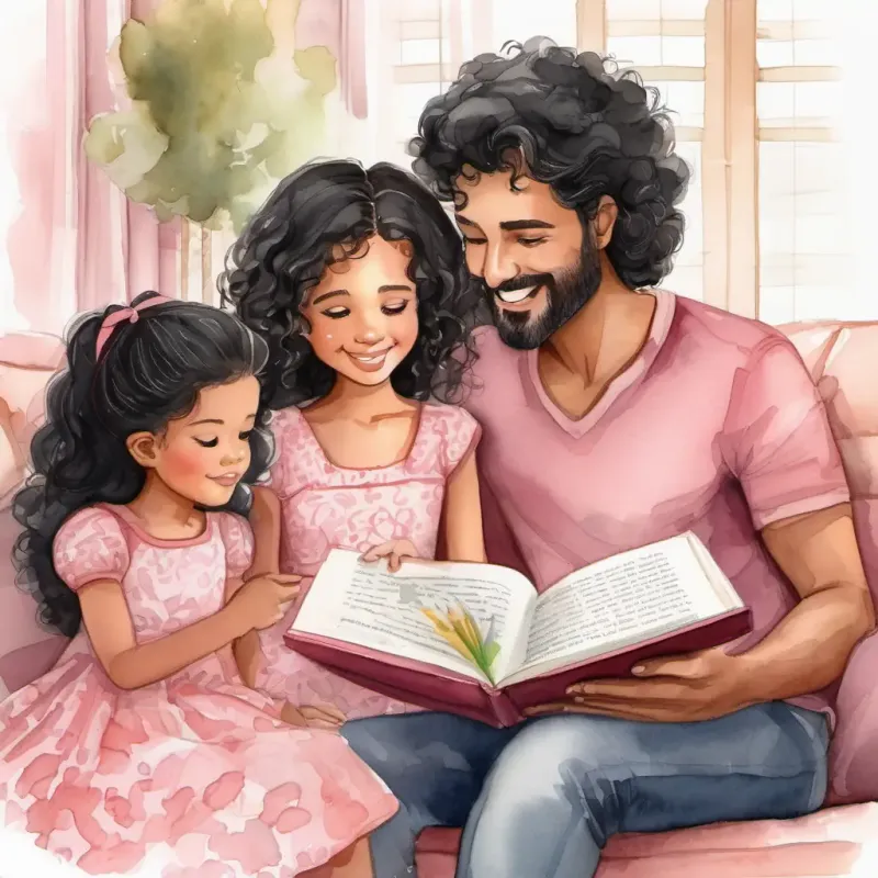 Curly black hair, brown eyes, pink dress sharing book with family, simple dialogue, family character introduction