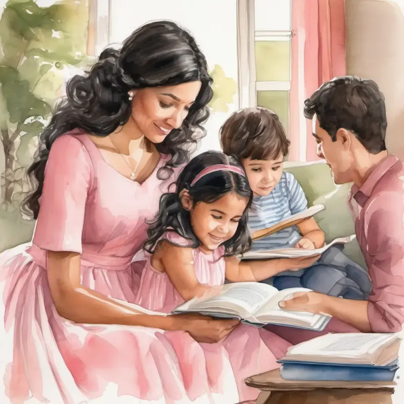 Family gathering, Curly black hair, brown eyes, pink dress reading, emphasize listening skill
