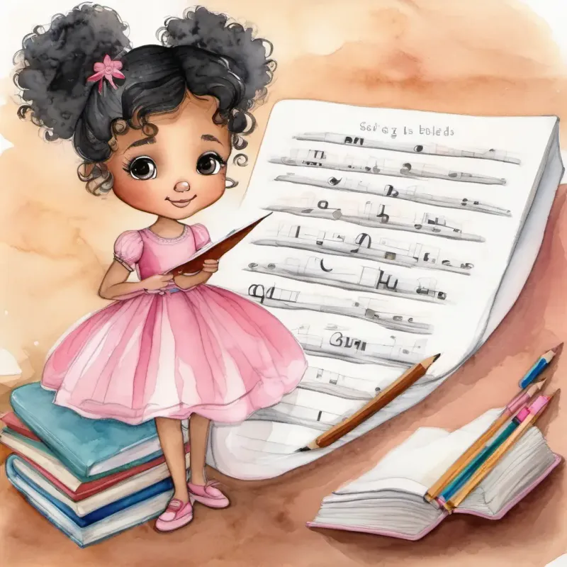 Curly black hair, brown eyes, pink dress learning sight words, interactive reading