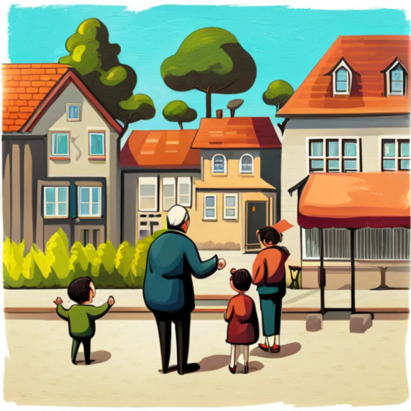 Horn talking to a family, surrounded by houses and dollar signs