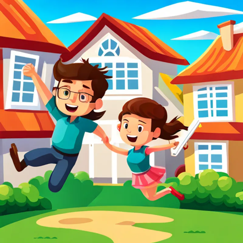 Mia and Tom jumping in front of their new house, smiling and holding a big sign that says 'Home Sweet Home'