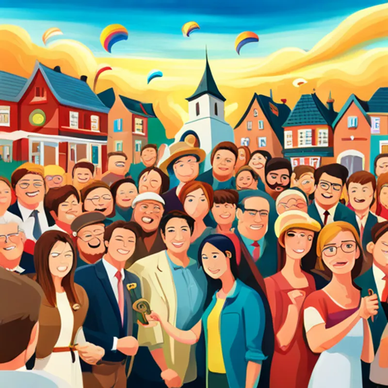 Horn surrounded by a crowd of happy people, all holding keys to their new houses