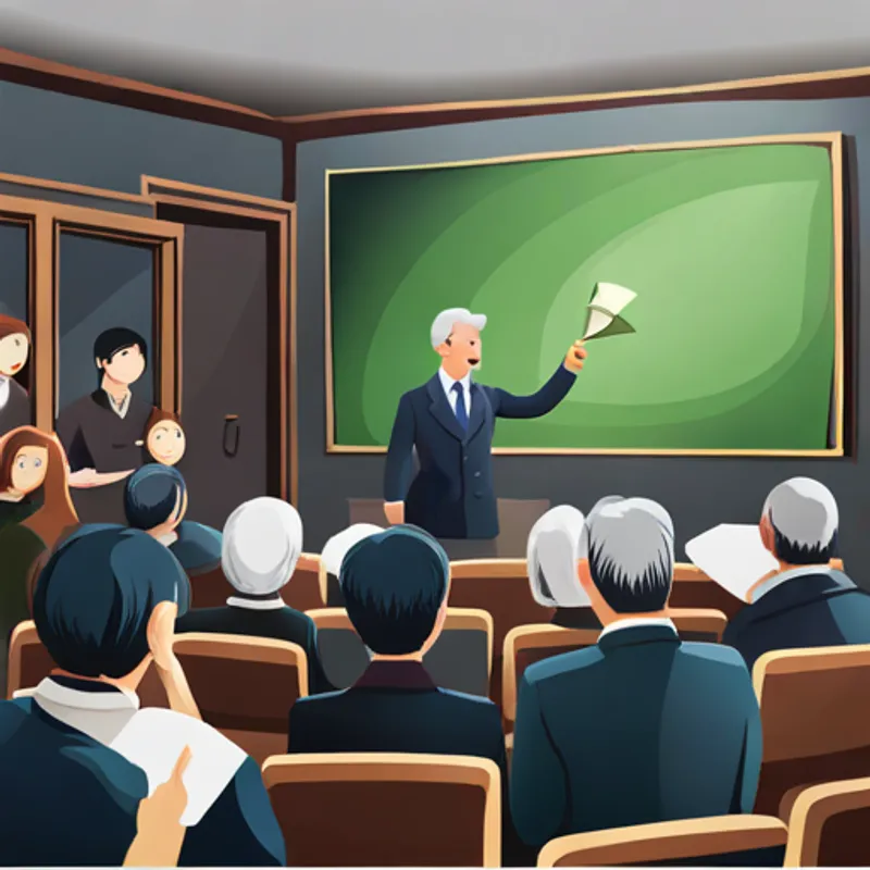 Horn standing in front of a blackboard, explaining money management to a group of people