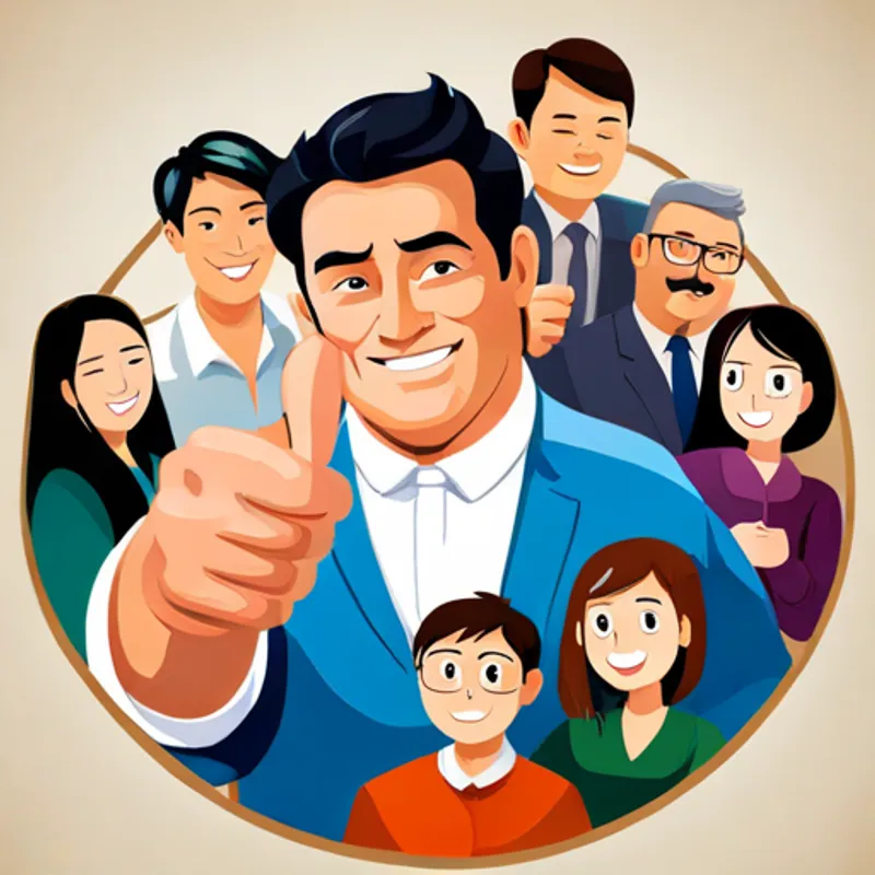Horn surrounded by a group of people, all giving him a big thumbs-up