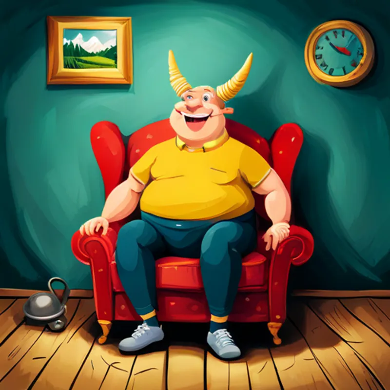 Horn sitting on a comfortable chair, with a big smile on his face