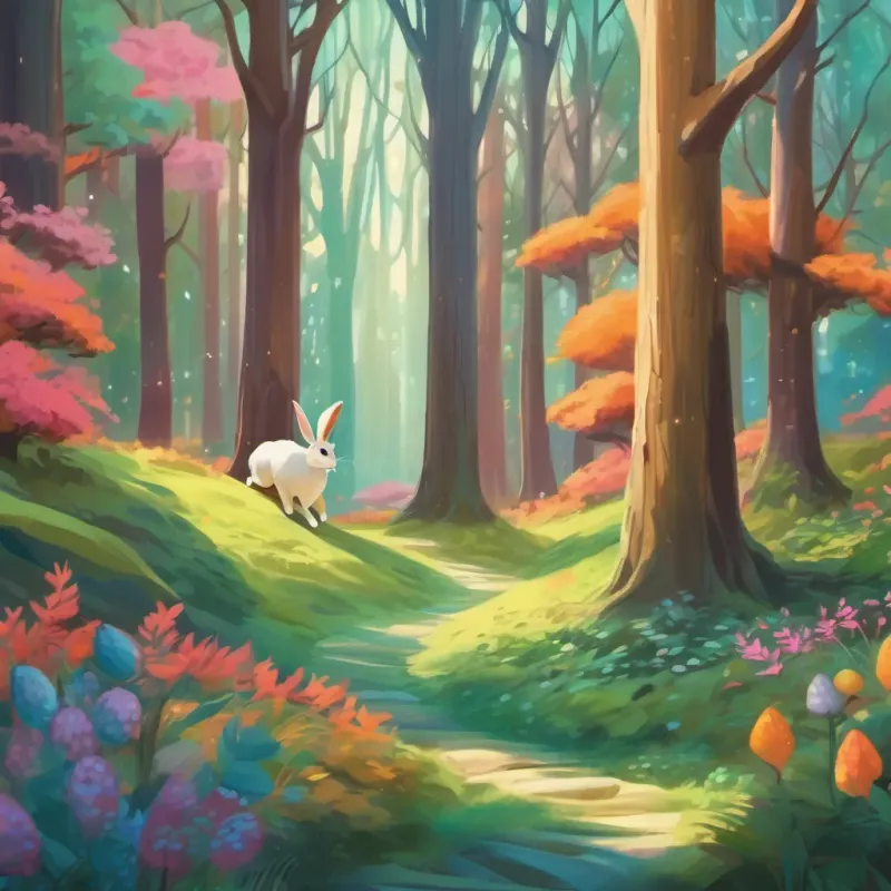A whimsical forest with tall, magical trees and colorful flora, featuring a hare named A fun and energetic hare, zooming through a magical forest, who looks energetic and playful.