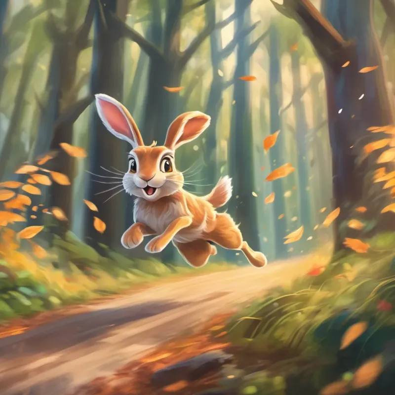 A fun and energetic hare, zooming through a magical forest the hare leaping across the forest in a blur, leaving a trail of leaves behind him.