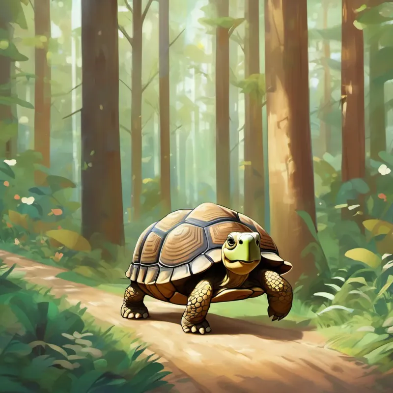 A wise and steady tortoise, slow but determined in his journey across the forest the tortoise crossing the finish line with a big smile as A fun and energetic hare, zooming through a magical forest dashes furiously but too late.