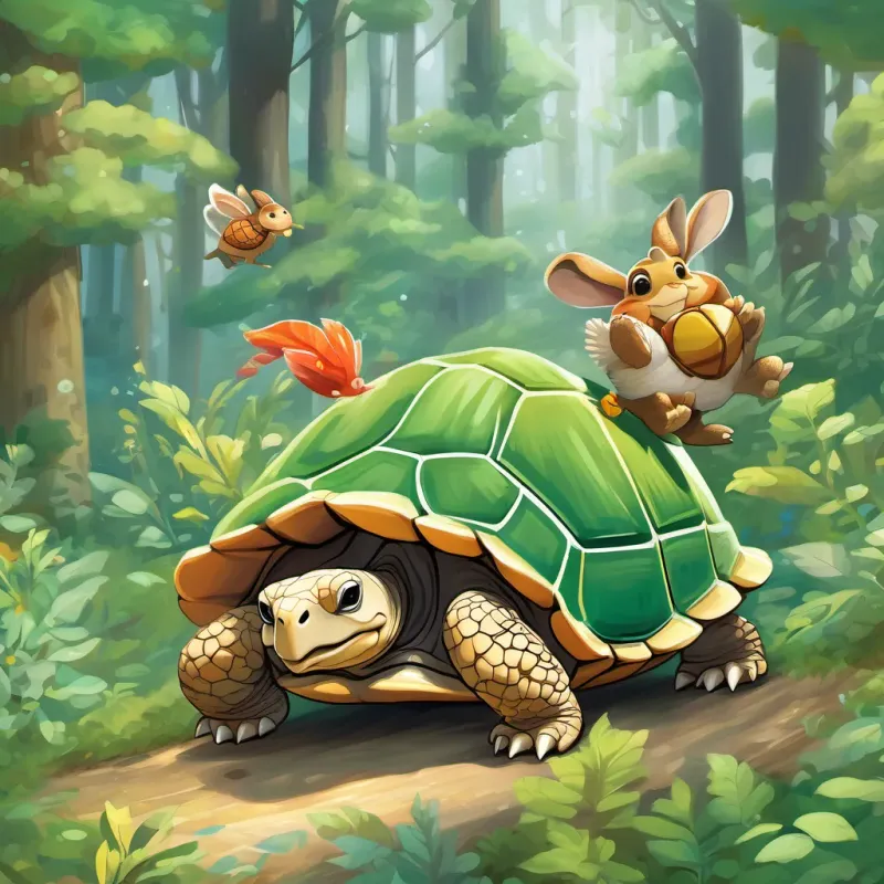 A wise and steady tortoise, slow but determined in his journey across the forest the tortoise smiling triumphantly at the finish line, surrounded by cheering forest animals, as A fun and energetic hare, zooming through a magical forest approaches humbly.