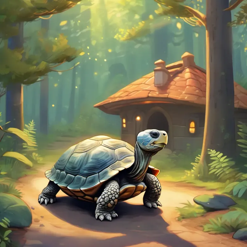 A wise old tortoise named A wise and steady tortoise, slow but determined in his journey across the forest looks determined and has a twinkle in his eye, standing beside a path with the morning sun rising.