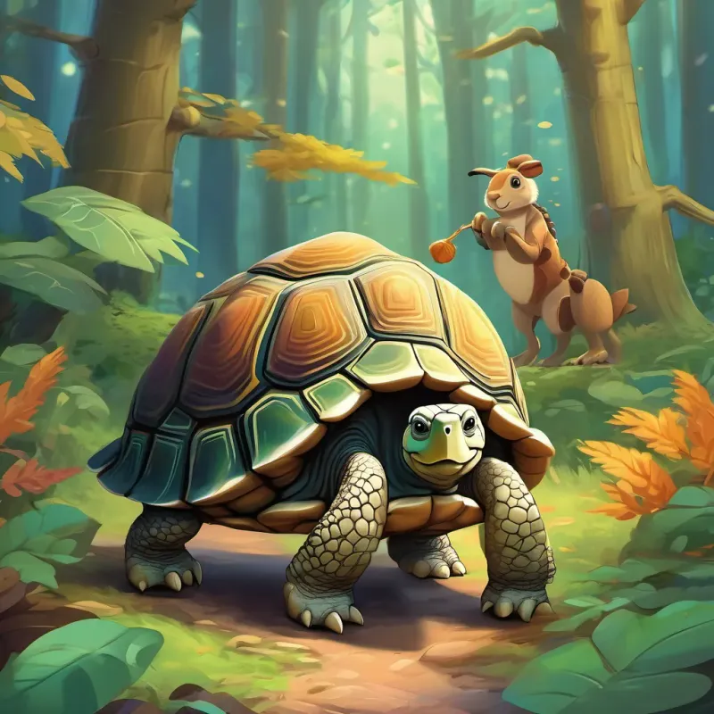 A wise and steady tortoise, slow but determined in his journey across the forest the tortoise challenging A fun and energetic hare, zooming through a magical forest with a confident smile while critters of the forest gather around to watch.