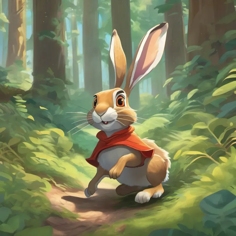 A fun and energetic hare, zooming through a magical forest the hare chuckling loudly, almost rolling on the ground, as A wise and steady tortoise, slow but determined in his journey across the forest looks on calmly.