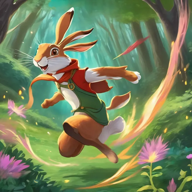 A fun and energetic hare, zooming through a magical forest the hare dashing forward at incredible speed, with an explosion of energy behind him.
