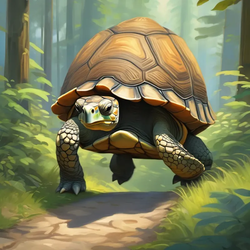 A wise and steady tortoise, slow but determined in his journey across the forest the tortoise walking slowly but steadily along the path, never wavering.