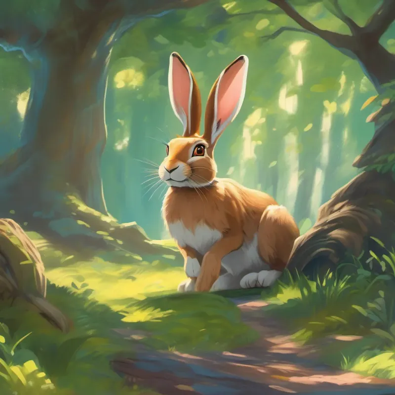 A fun and energetic hare, zooming through a magical forest the hare lying comfortably under a large, shady tree, looking relaxed and confident.