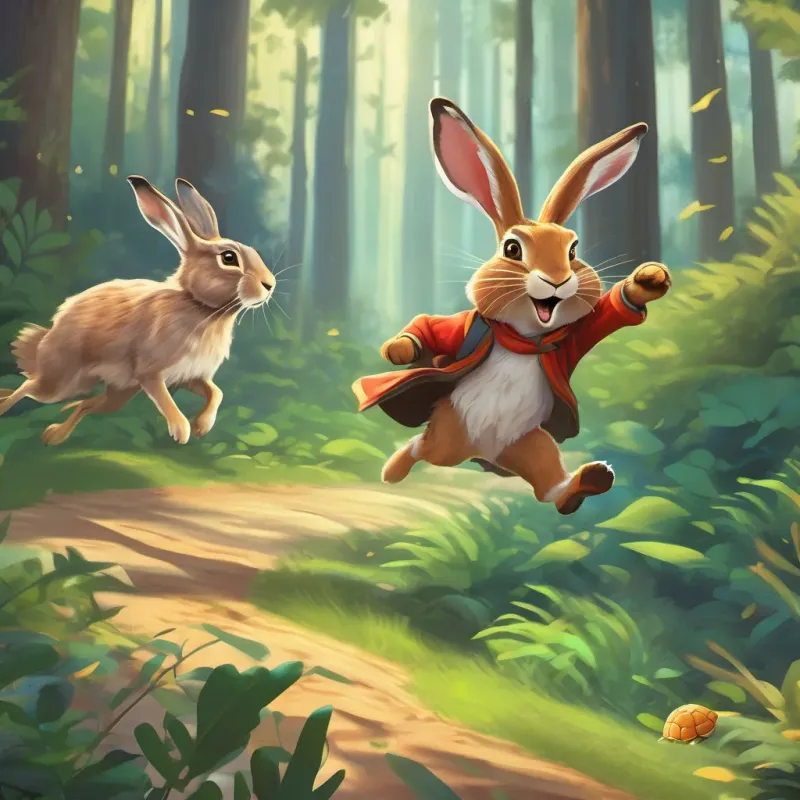 A fun and energetic hare, zooming through a magical forest the hare startled awake and leaping up in surprise, with A wise and steady tortoise, slow but determined in his journey across the forest approaching the finish line.