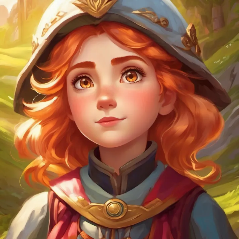 Introduction to Brave girl with red eyes and gold hair, a brave adventurer. A mystical land.