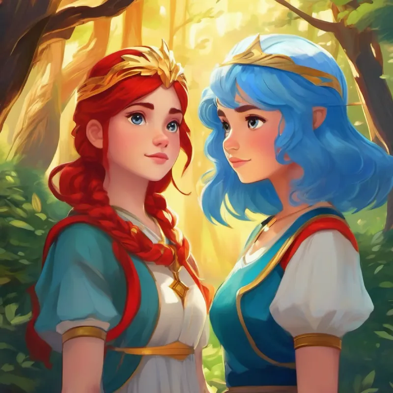 Brave girl with red eyes and gold hair meets Girl with blue hair, descendant of Star Gods, a girl with a secret lineage. Serene Forest setting.