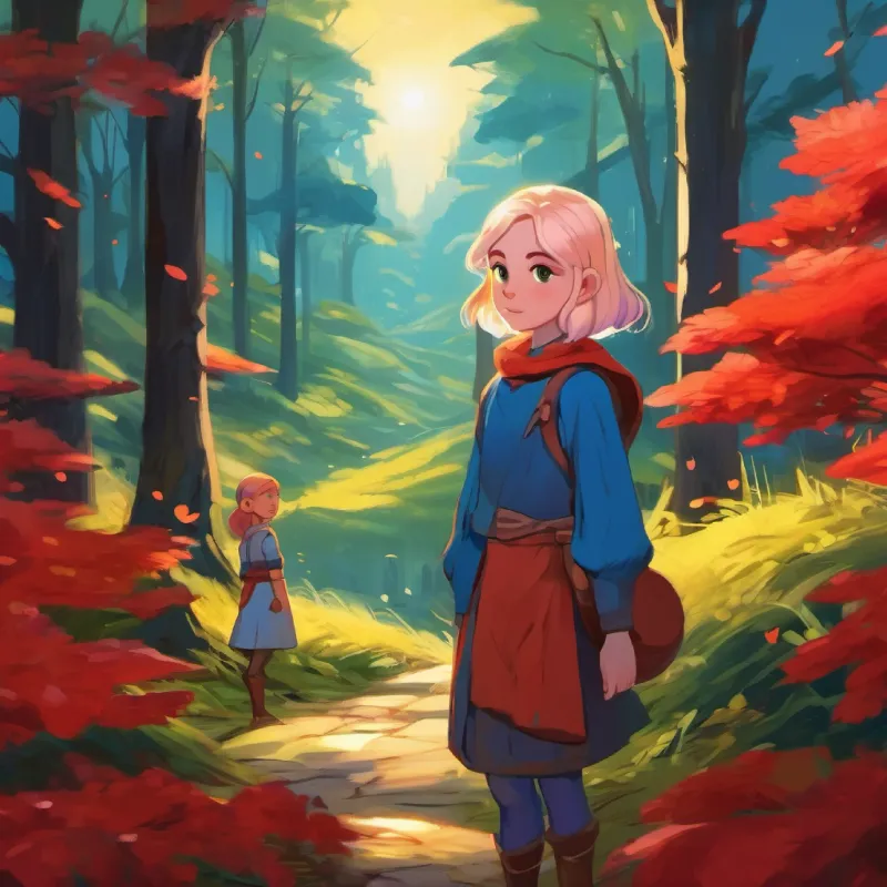 Brave girl with red eyes and gold hair and Girl with blue hair, descendant of Star Gods bond and explore the forest. Friendship blossoms.