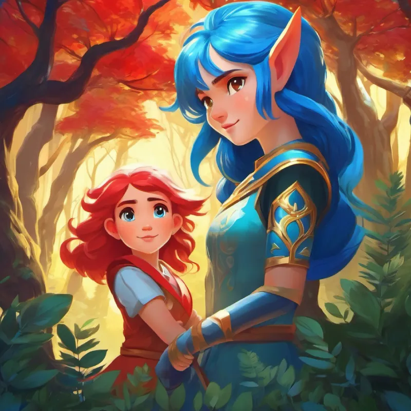 Brave girl with red eyes and gold hair and Girl with blue hair, descendant of Star Gods, now combined, live happily protecting the forest.
