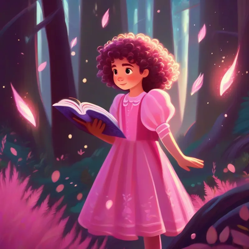 Brave girl with curly hair and sparkly pink dress. finding a book of spells in the forest.
